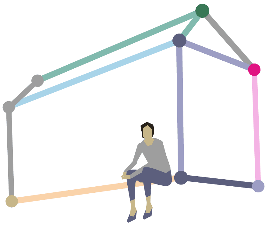 Eine stilisierte Person sitzt auf einer Linie, die Teil einer aus farbigen Linien und Kreisen gebildeten Hausform ist.