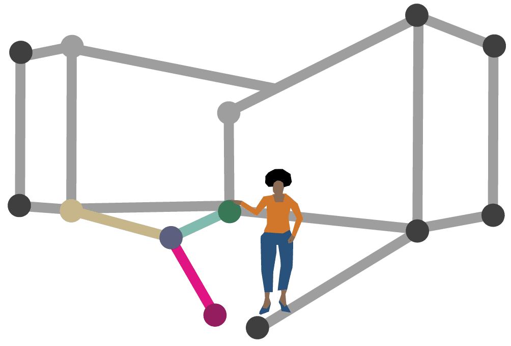 Eine stilisierte Person steht vor einer Struktur aus grauen und farbigen Linien und Kreisen, die ein abstraktes Gebäudenetz bildet.
