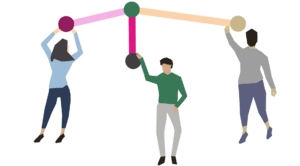 Drei stilisierte Personen halten bunte, miteinander verbundene Kreise und Linien.