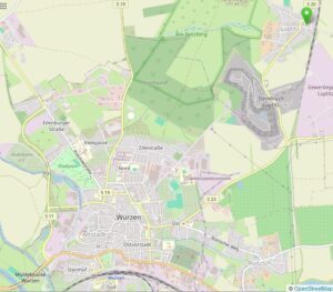 Kartenausschnitt nordöstlich von Wurzen mit Lüptitz und umliegenden Orten, Straßen und Grünflächen.