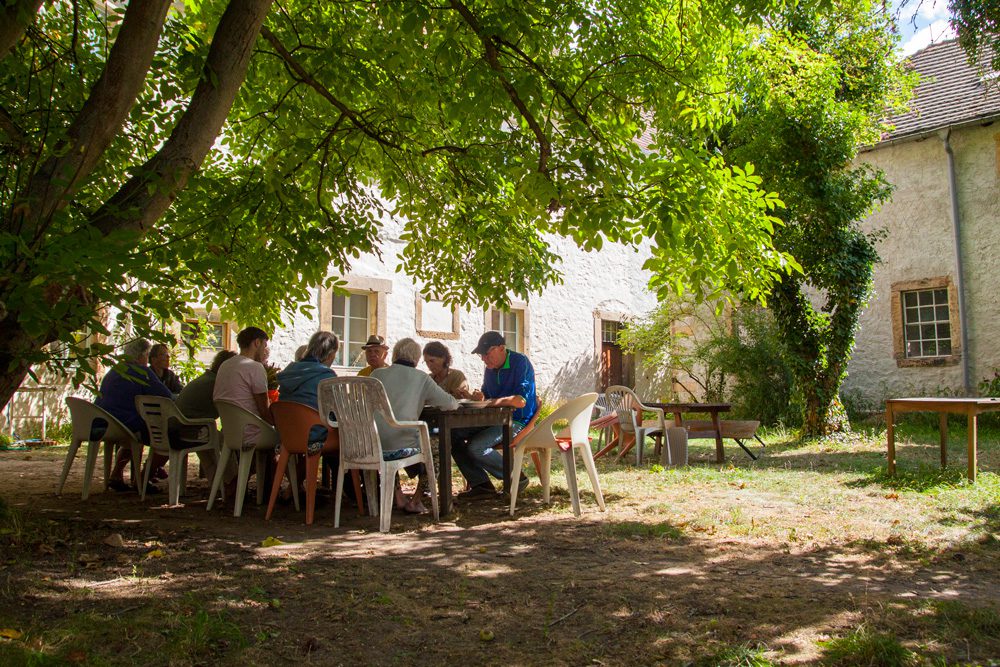 Eine Gruppe sitzt im Schatten eines großen Baumes an einem Tisch im Hof zwischen alten Gebäuden.